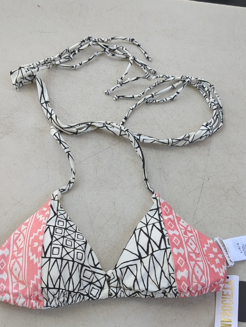 Amuse Society Coral Pink and Black Geometric Triangle Bikini Top